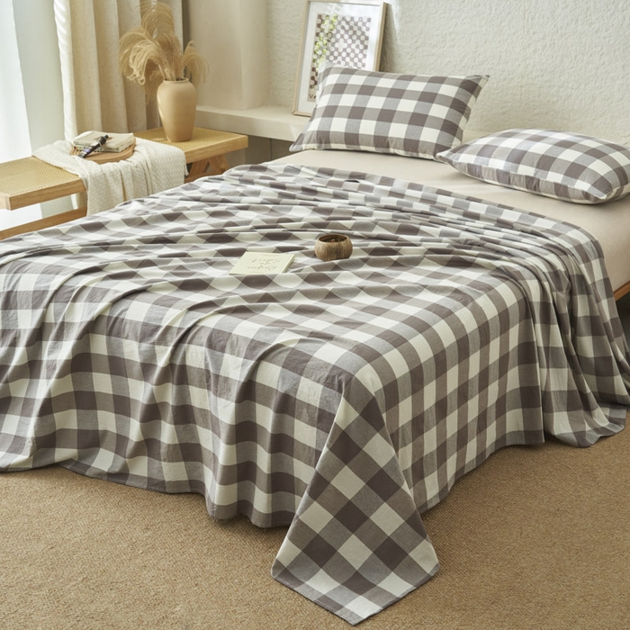 91家纺网 家纺一手货源 找家纺 早晨家纺 2025新款色织纯棉水洗棉床单 灰中格