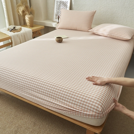 早晨家纺 2025新款色织纯棉水洗棉床笠 粉小格