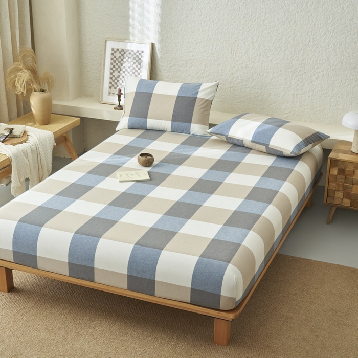 91家纺网 家纺一手货源 找家纺 早晨家纺 2025新款色织纯棉水洗棉床笠 蓝大格