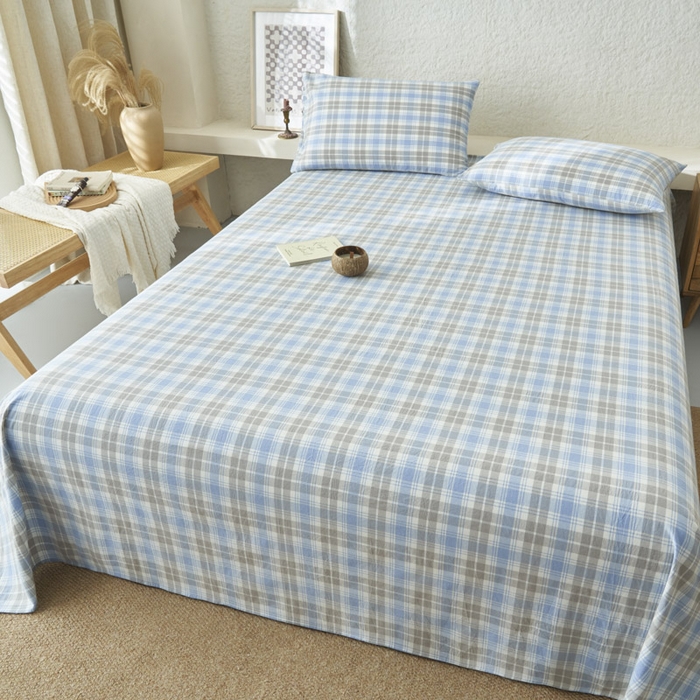 91家纺网 家纺一手货源 找家纺 早晨家纺 2025新款色织纯棉水洗棉床单 森迪-蓝