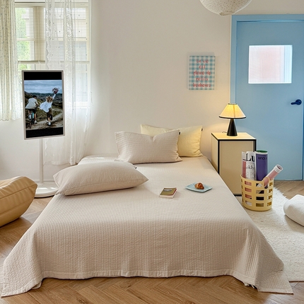 期遇家居 2025新款60支床盖极简直条绗缝韩国砂洗染色双面全棉纯棉床盖 极简砂洗咖