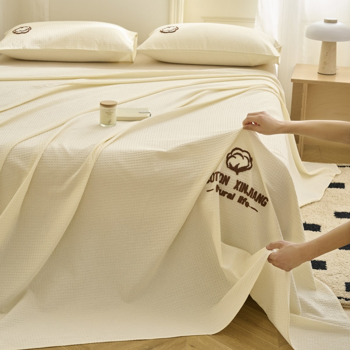 91家纺网 家纺一手货源 找家纺 早晨家纺 2025新款纯棉华夫格床单 纯棉华夫格床单-奶昔白