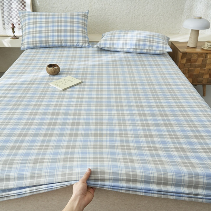 91家纺网 家纺一手货源 找家纺 早晨家纺 2025新款色织纯棉水洗棉床笠 森迪-蓝