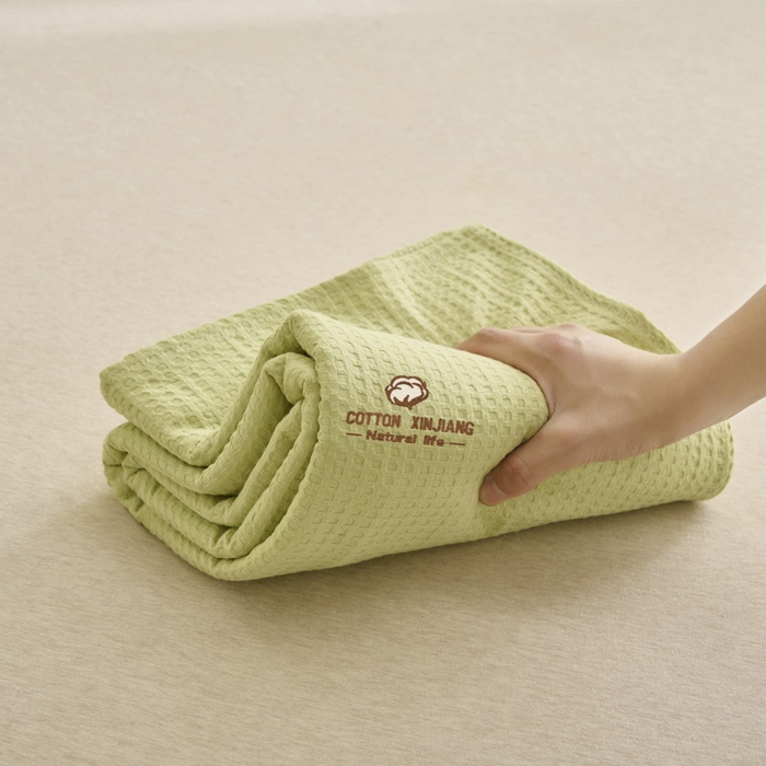 91家纺网 家纺一手货源 找家纺 早晨家纺 2025新款纯棉华夫格床单 纯棉华夫格床单-黄绿