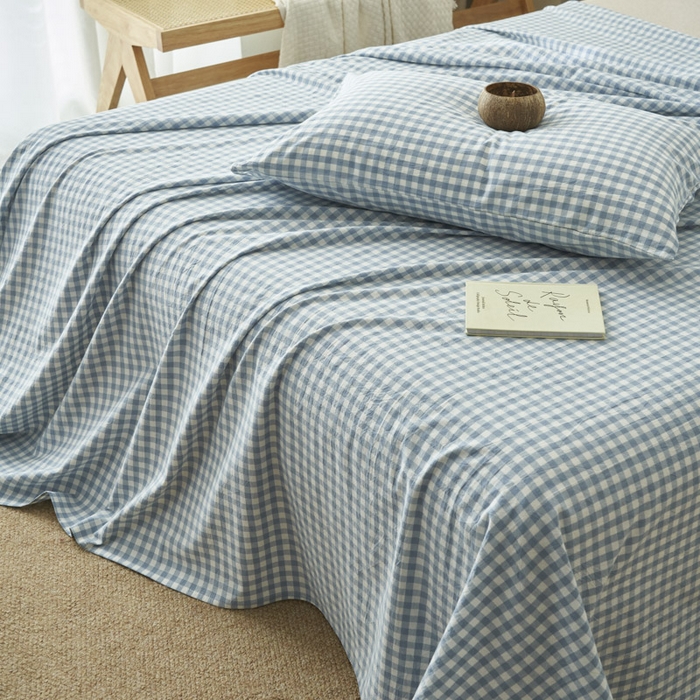 91家纺网 家纺一手货源 找家纺 早晨家纺 2025新款色织纯棉水洗棉床单 蓝小格