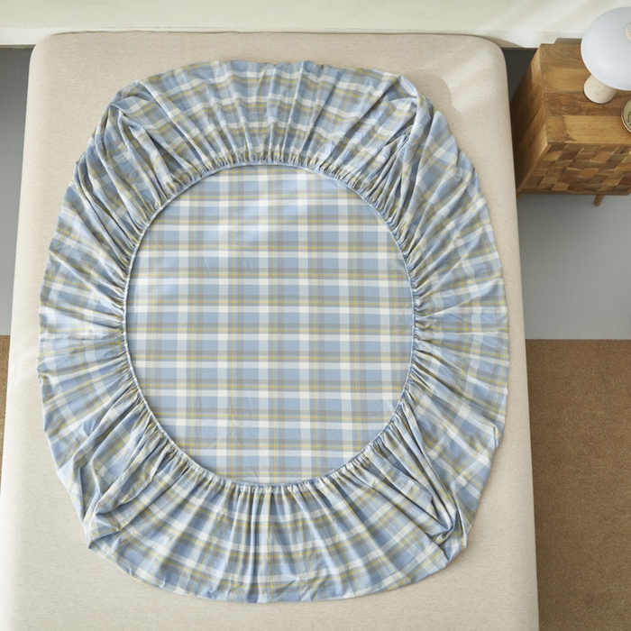 91家纺网 家纺一手货源 找家纺 早晨家纺 2025新款色织纯棉水洗棉床笠 简兮-蓝