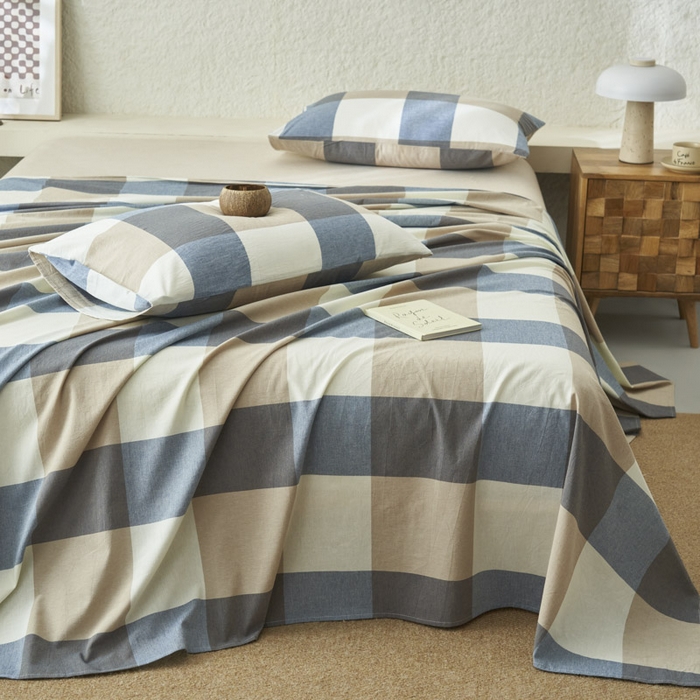 91家纺网 家纺一手货源 找家纺 早晨家纺 2025新款色织纯棉水洗棉床单 蓝大格