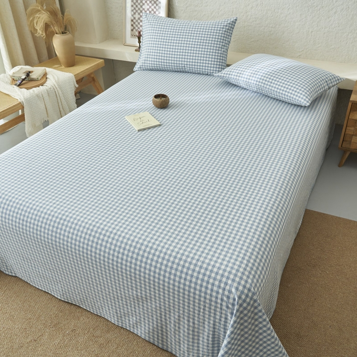 91家纺网 家纺一手货源 找家纺 早晨家纺 2025新款色织纯棉水洗棉床单 蓝小格