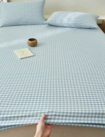 91家纺网 家纺一手货源 找家纺 早晨家纺 2025新款色织纯棉水洗棉床笠 梦雨-绿