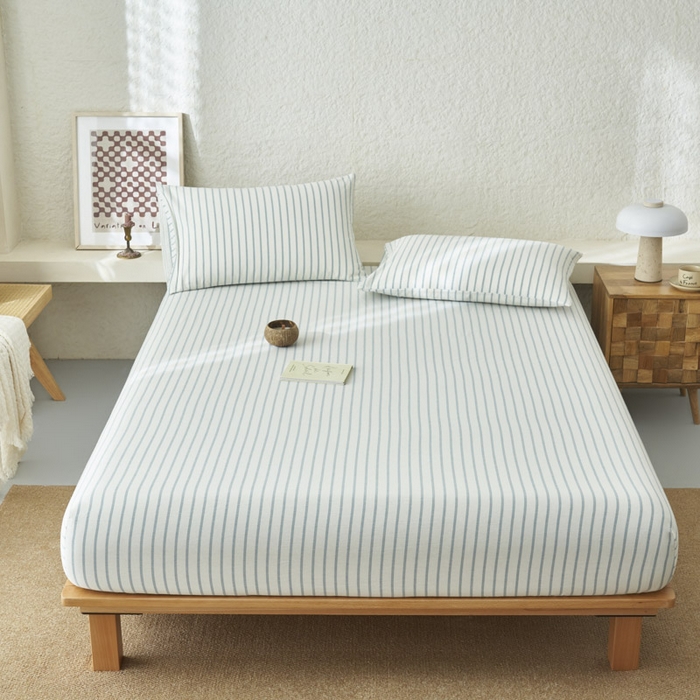 91家纺网 家纺一手货源 找家纺 早晨家纺 2025新款色织纯棉水洗棉床笠 格律时尚-浅兰