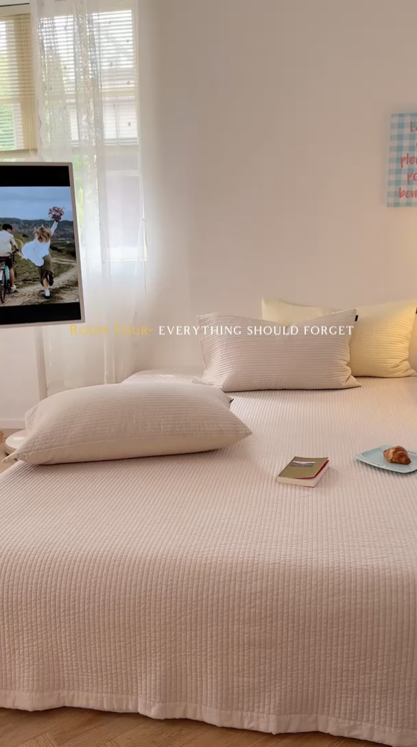 91家纺网 家纺一手货源 找家纺 期遇家居 2025新款60支床盖极简直条绗缝韩国砂洗染色双面全棉纯棉床盖 极简砂洗咖