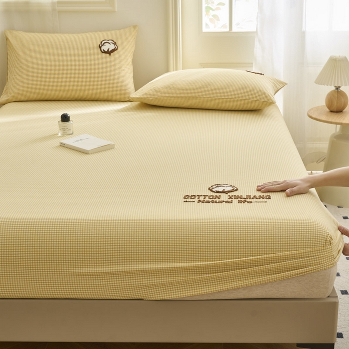 91家纺网 家纺一手货源 找家纺 早晨家纺 2025新款色织纯棉水洗棉毛巾绣床笠 星曜床笠-姜黄