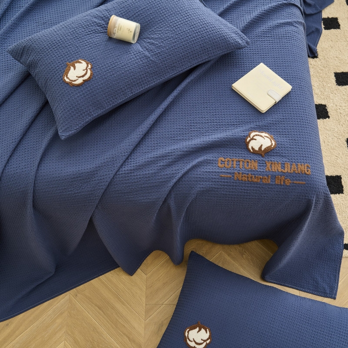 91家纺网 家纺一手货源 找家纺 早晨家纺 2025新款纯棉华夫格床单 纯棉华夫格床单-牛仔蓝