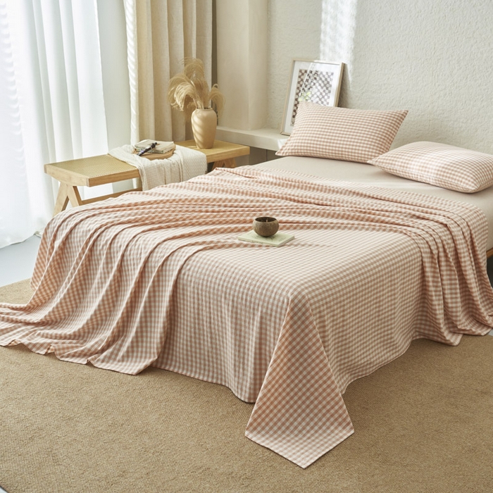 91家纺网 家纺一手货源 找家纺 早晨家纺 2025新款色织纯棉水洗棉床单 粉小格