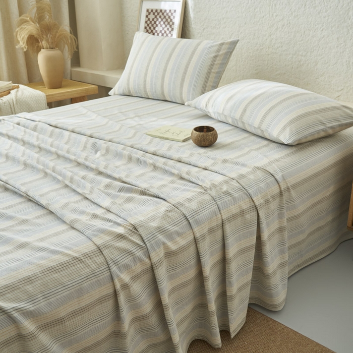 91家纺网 家纺一手货源 找家纺 早晨家纺 2025新款色织纯棉水洗棉床单 凯西亚-蓝