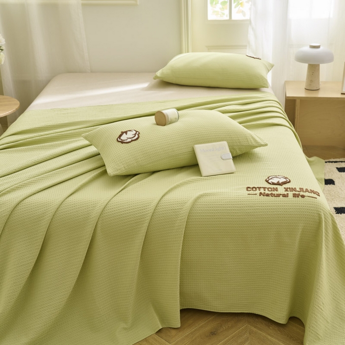 91家纺网 家纺一手货源 找家纺 早晨家纺 2025新款纯棉华夫格床单 纯棉华夫格床单-黄绿