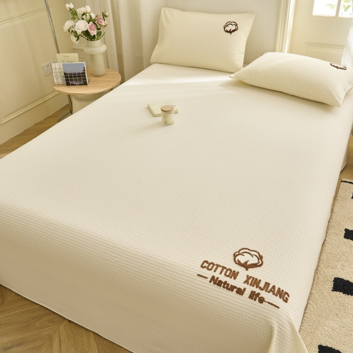 91家纺网 家纺一手货源 找家纺 早晨家纺 2025新款纯棉华夫格床单 纯棉华夫格床单-奶昔白