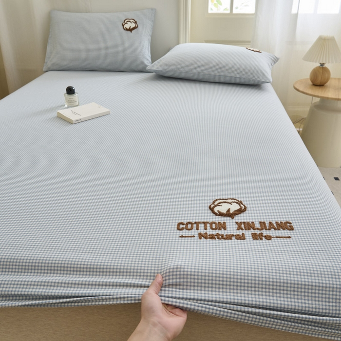 91家纺网 家纺一手货源 找家纺 早晨家纺 2025新款色织纯棉水洗棉毛巾绣床笠 星曜床笠-浅兰