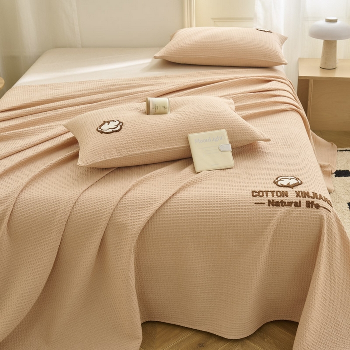 91家纺网 家纺一手货源 找家纺 早晨家纺 2025新款纯棉华夫格床单 纯棉华夫格床单-杏色
