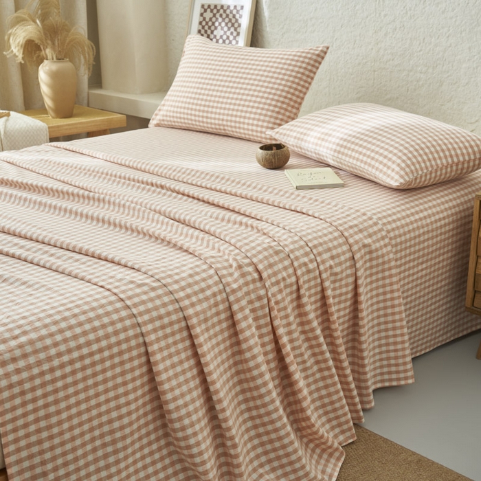 91家纺网 家纺一手货源 找家纺 早晨家纺 2025新款色织纯棉水洗棉床单 粉小格