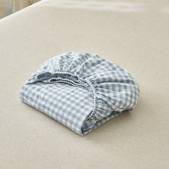 91家纺网 家纺一手货源 找家纺 早晨家纺 2025新款色织纯棉水洗棉床笠 蓝小格