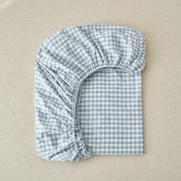 91家纺网 家纺一手货源 找家纺 早晨家纺 2025新款色织纯棉水洗棉床笠 蓝小格