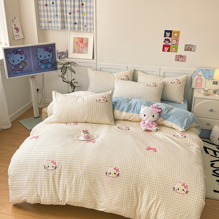 首尔家纺 2025新款云朵棉卡通毛巾绣四件套 黄格小猫