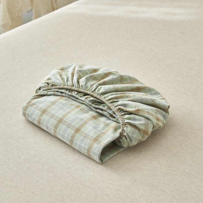 91家纺网 家纺一手货源 找家纺 早晨家纺 2025新款色织纯棉水洗棉床笠 梦雨-绿