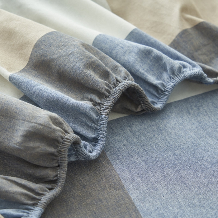 91家纺网 家纺一手货源 找家纺 早晨家纺 2025新款色织纯棉水洗棉床笠 蓝大格