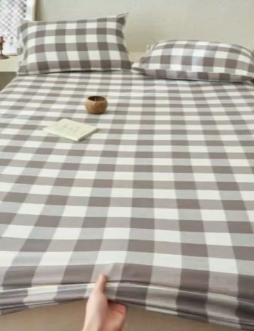 91家纺网 家纺一手货源 找家纺 早晨家纺 2025新款色织纯棉水洗棉床笠 灰中格