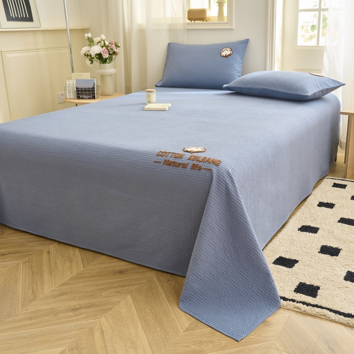 91家纺网 家纺一手货源 找家纺 早晨家纺 2025新款纯棉华夫格床单 纯棉华夫格床单-宾利蓝