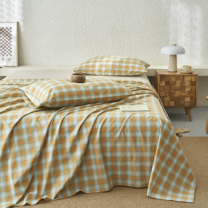 91家纺网 家纺一手货源 找家纺 早晨家纺 2025新款色织纯棉水洗棉床单 沐夏-桔