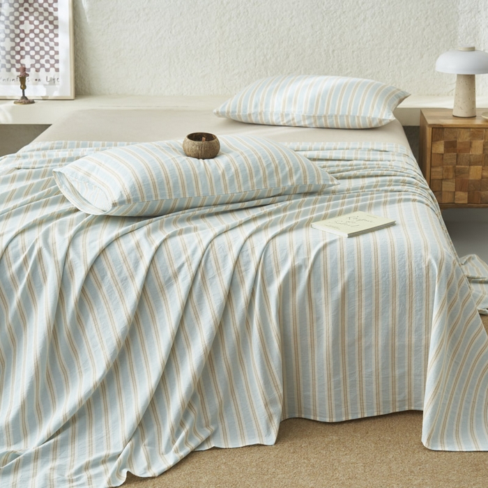 91家纺网 家纺一手货源 找家纺 早晨家纺 2025新款色织纯棉水洗棉床单 科瑞-蓝