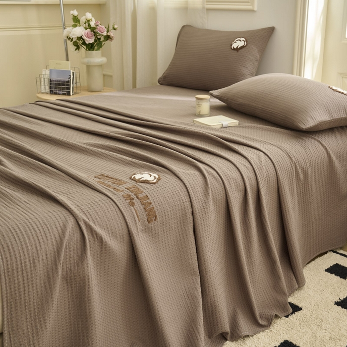 91家纺网 家纺一手货源 找家纺 早晨家纺 2025新款纯棉华夫格床单 纯棉华夫格床单-咖色