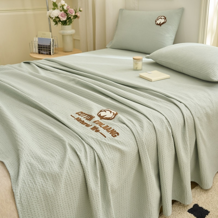 91家纺网 家纺一手货源 找家纺 早晨家纺 2025新款纯棉华夫格床单 纯棉华夫格床单-浅蓝