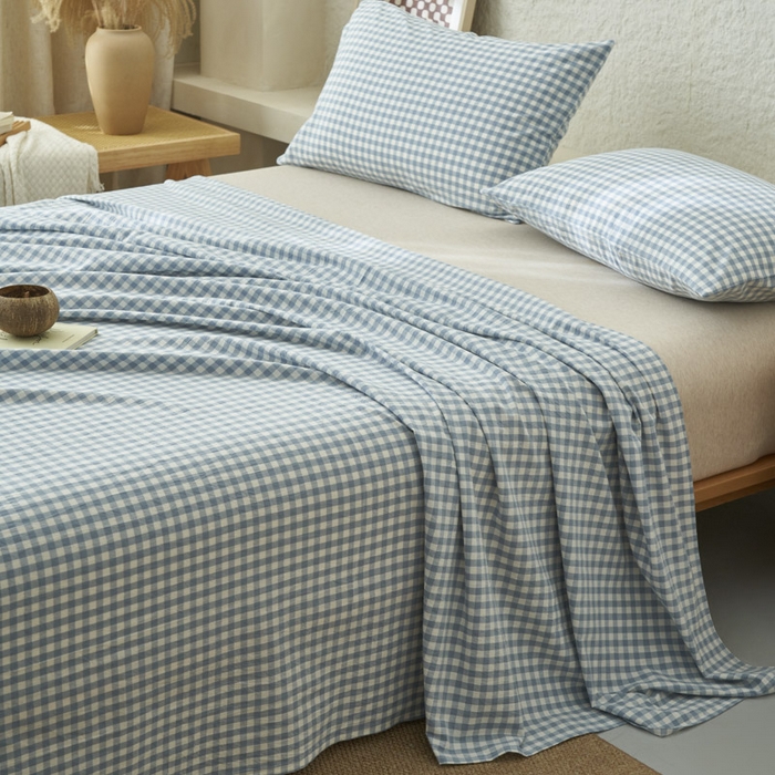 91家纺网 家纺一手货源 找家纺 早晨家纺 2025新款色织纯棉水洗棉床单 蓝小格