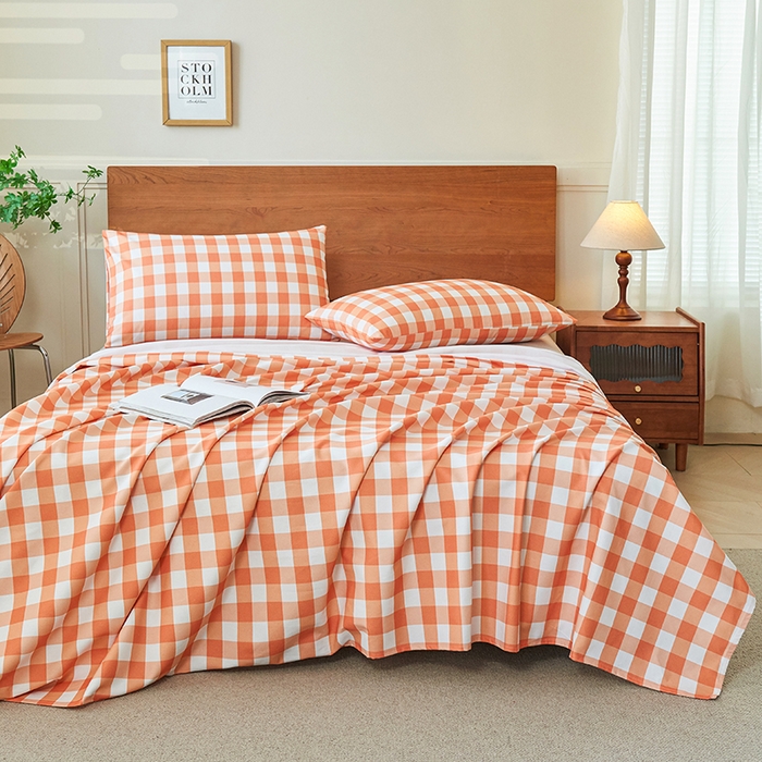 91家纺网 家纺一手货源 找家纺 义博家纺 2025新款纯棉老粗布床单 夏日橙中格