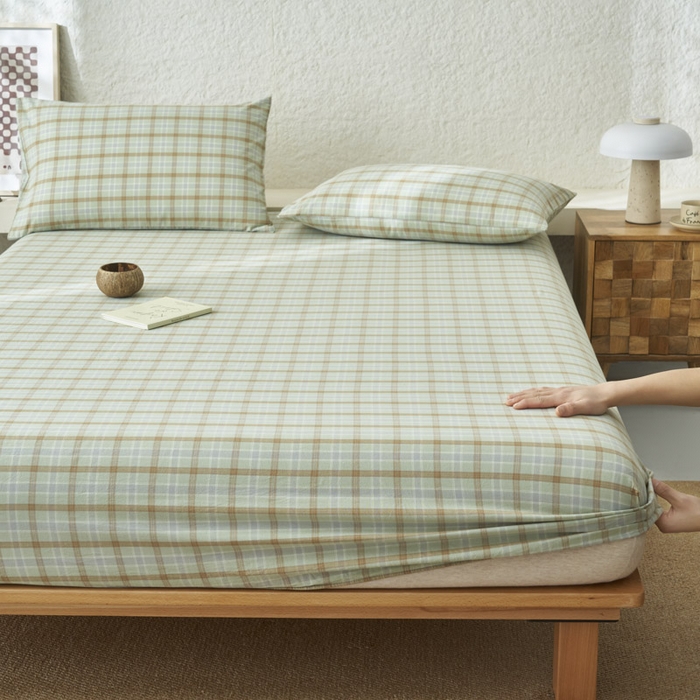 91家纺网 家纺一手货源 找家纺 早晨家纺 2025新款色织纯棉水洗棉床笠 梦雨-绿