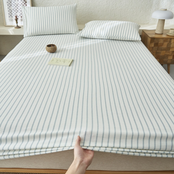 91家纺网 家纺一手货源 找家纺 早晨家纺 2025新款色织纯棉水洗棉床笠 格律时尚-浅兰