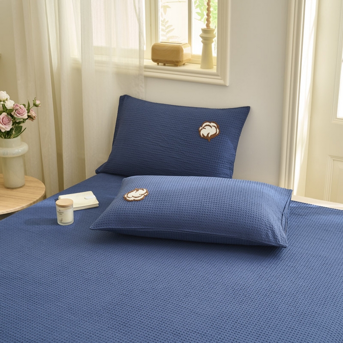91家纺网 家纺一手货源 找家纺 早晨家纺 2025新款纯棉华夫格床单 纯棉华夫格床单-牛仔蓝