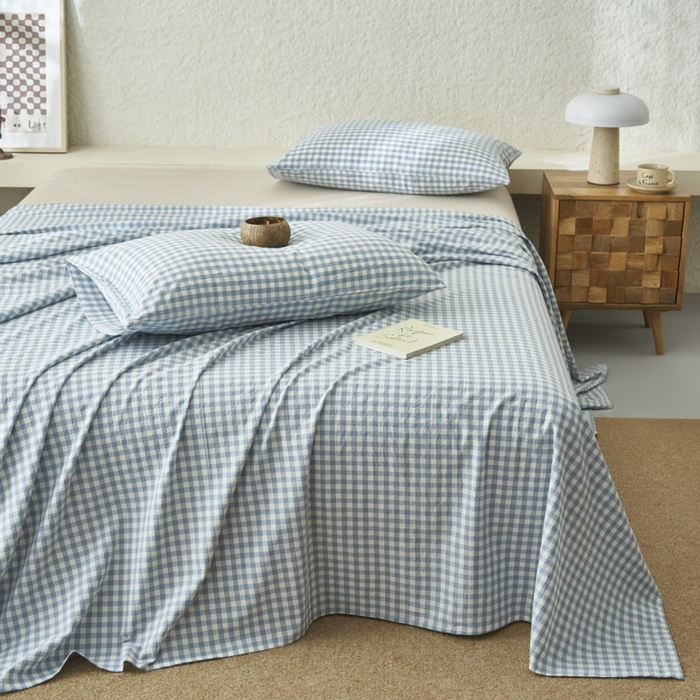 91家纺网 家纺一手货源 找家纺 早晨家纺 2025新款色织纯棉水洗棉床单 蓝小格