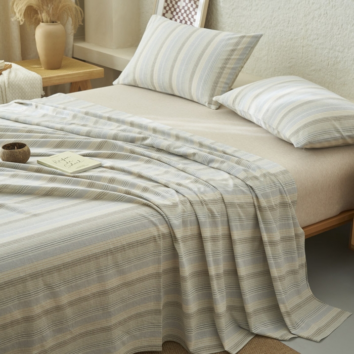 91家纺网 家纺一手货源 找家纺 早晨家纺 2025新款色织纯棉水洗棉床单 凯西亚-蓝