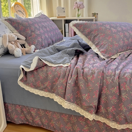 奥虎家纺 2025新款纯棉花边小竹棉夏被四件套 花开半夏