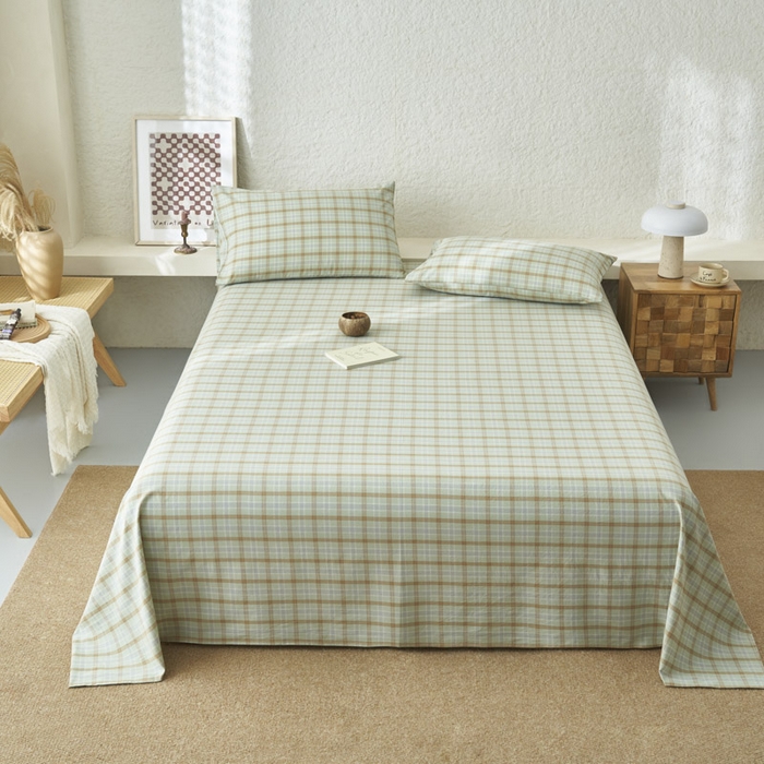 91家纺网 家纺一手货源 找家纺 早晨家纺 2025新款色织纯棉水洗棉床单 梦雨-绿