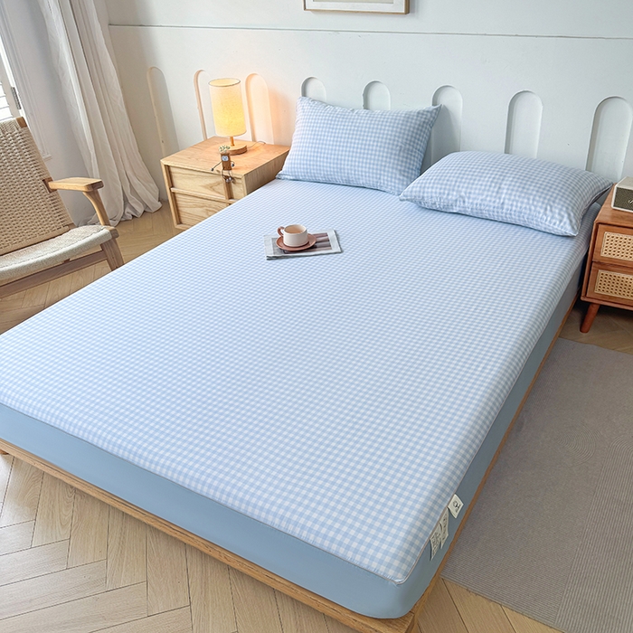 91家纺网 家纺一手货源 找家纺 笠裙家纺 2025新款进口凉感莱赛尔天丝床笠套三件套 美格蓝