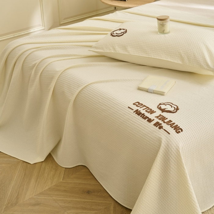 91家纺网 家纺一手货源 找家纺 早晨家纺 2025新款纯棉华夫格床单 纯棉华夫格床单-奶昔白