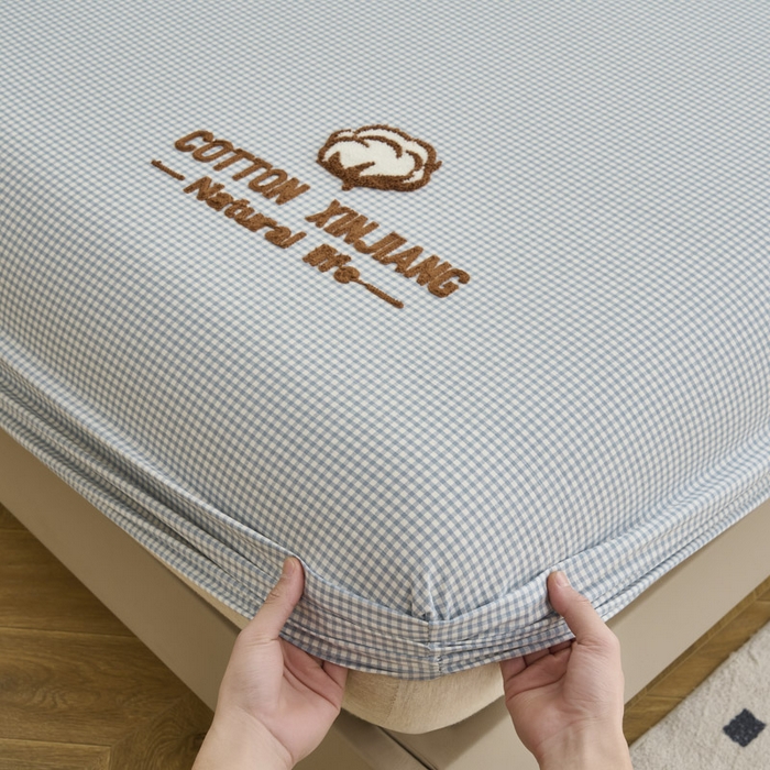 91家纺网 家纺一手货源 找家纺 早晨家纺 2025新款色织纯棉水洗棉毛巾绣床笠 星曜床笠-浅兰