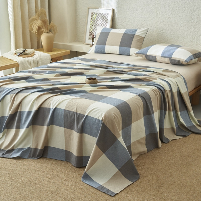 91家纺网 家纺一手货源 找家纺 早晨家纺 2025新款色织纯棉水洗棉床单 蓝大格