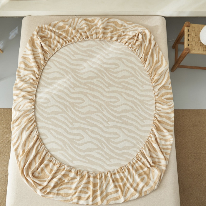 91家纺网 家纺一手货源 找家纺 早晨家纺 2025新款三层纱纯棉提花床笠 斑马纹床笠-驼色