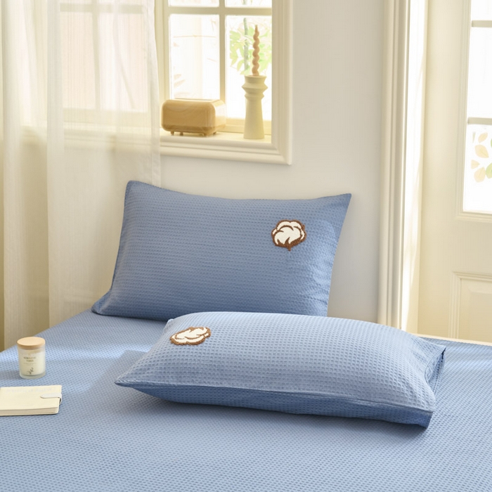 91家纺网 家纺一手货源 找家纺 早晨家纺 2025新款纯棉华夫格床单 纯棉华夫格床单-宾利蓝